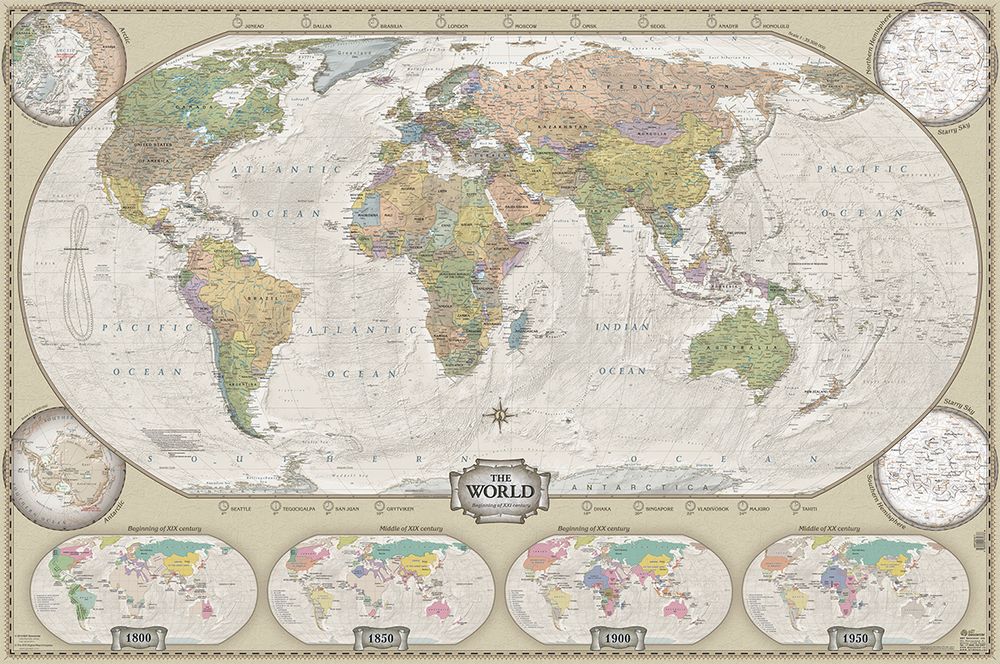Настенная политическая карта мира в ретро-стиле на английском языке