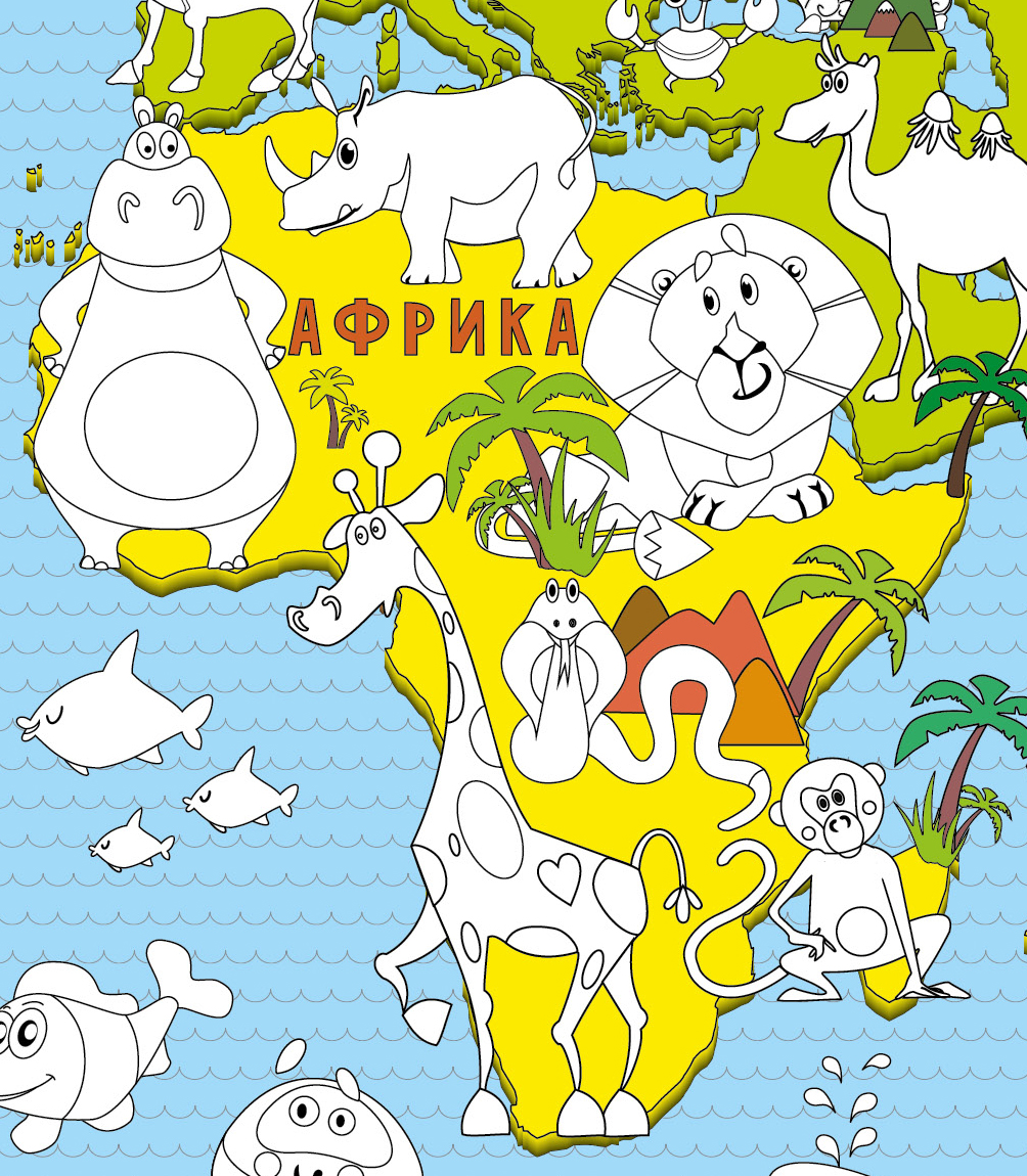 Раскраска карта мира для детей с животными